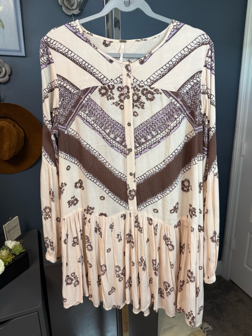 Free People From the Heart Cream Floral Button-Front Long Sleeve Boho Mini Dress